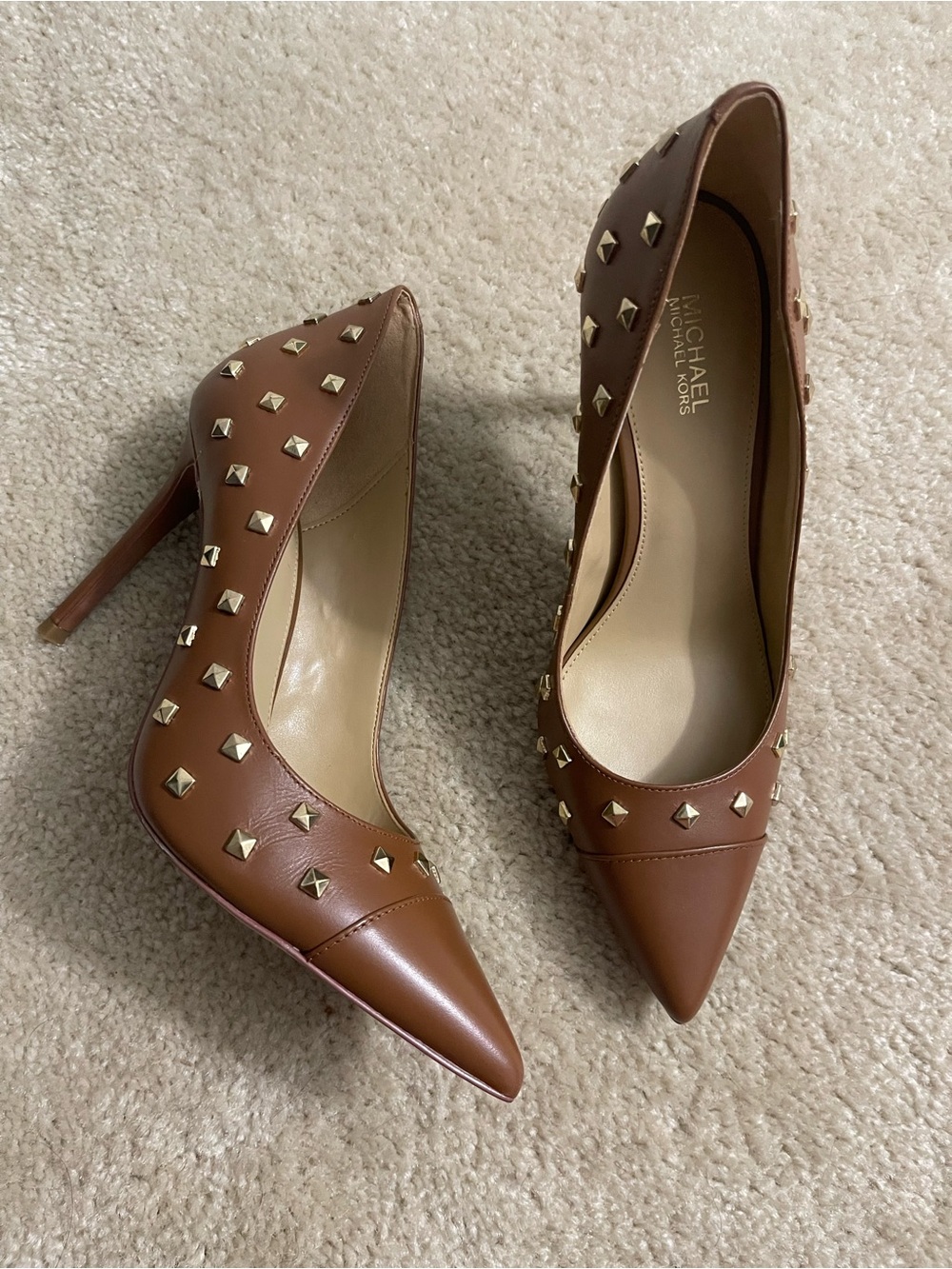 Michael Kors Cognac Leather Pointed-Toe Studded Pumps